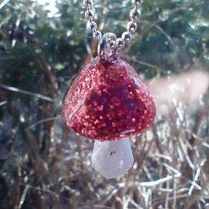 Mushroom vintage inspired glitter necklace cottage